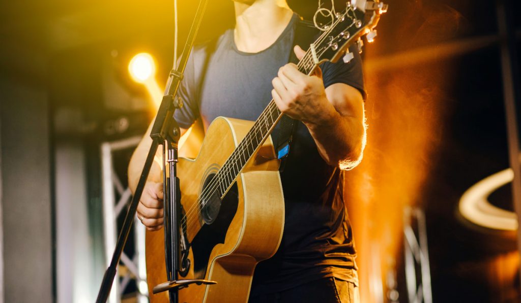 The singer plays an acoustic guitar and sings at a concert
