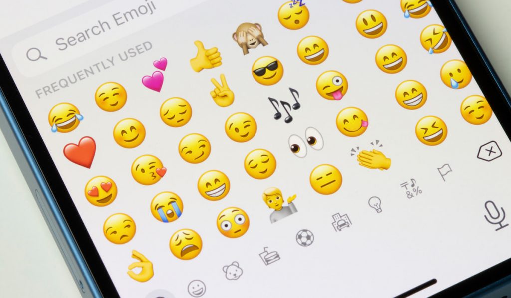 Emojis sorted by usage frequency are seen in the iMessage app on an iPhone.
