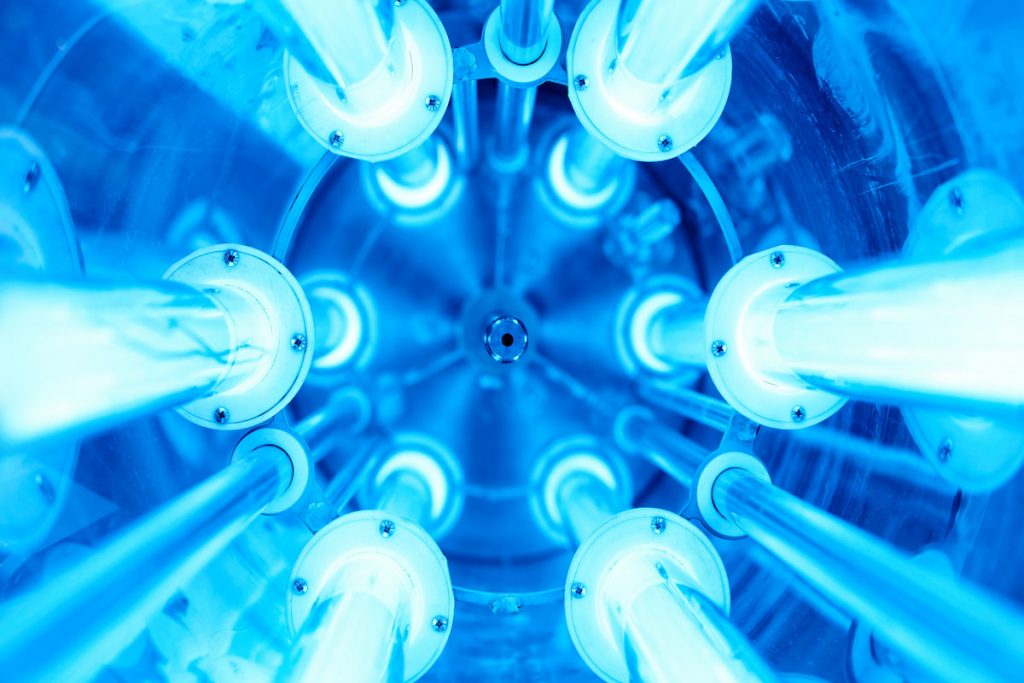 Ultraviolet lamps in a water disinfection plant
