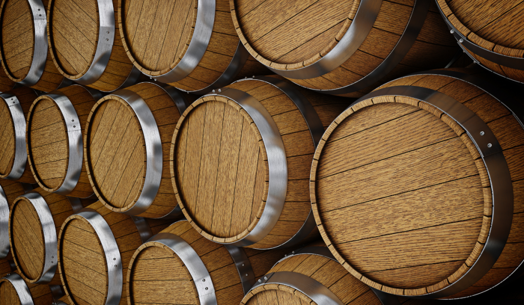 Wooden oak brandy wine beer barrels rows
