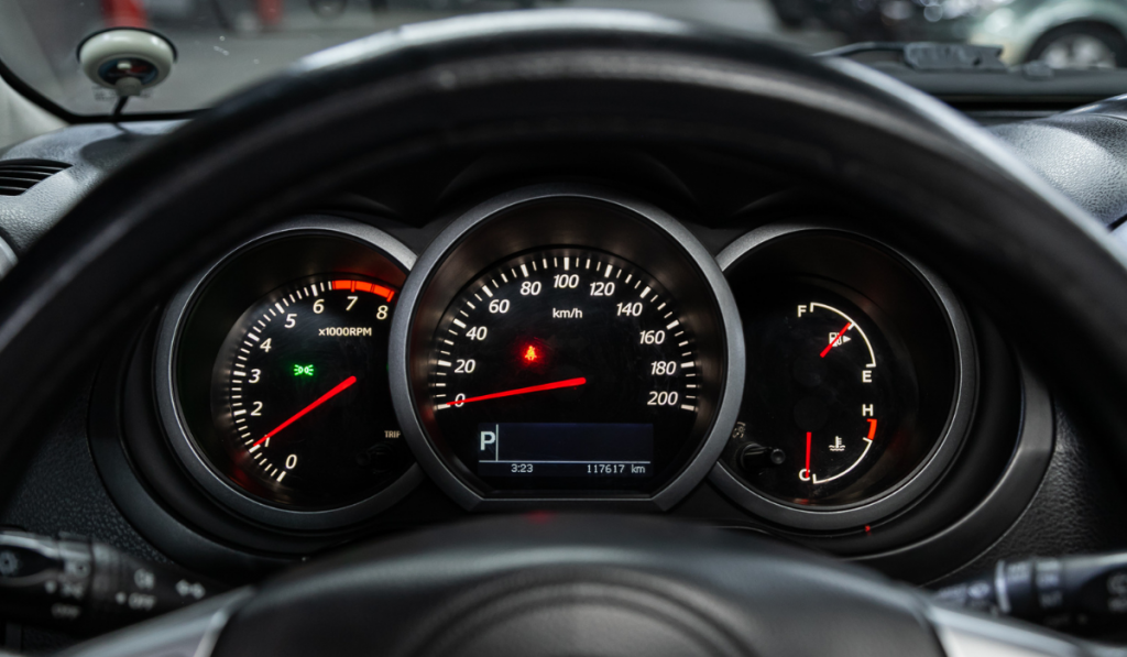 Car speedometer and tachometer closeup
