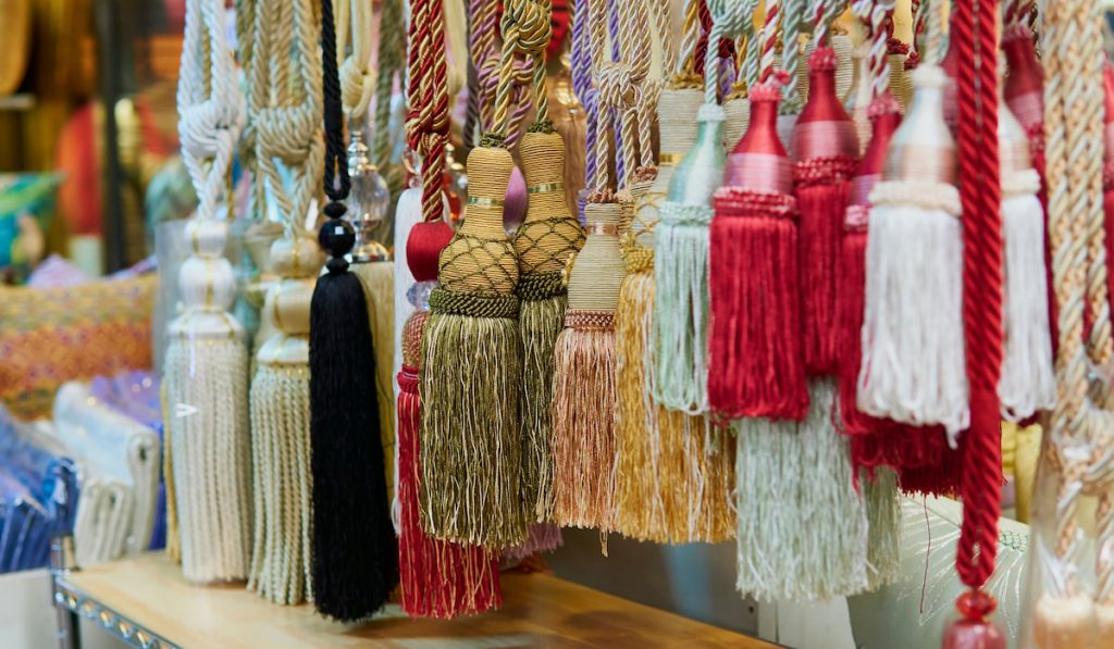 Colorful thread tassels for curtains display in the market