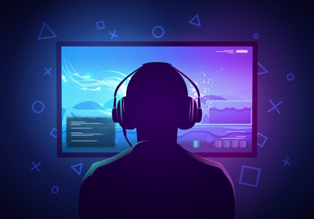 Vector Illustration Young Gamer Sit IN Front Of A Screen And Playing Video Game